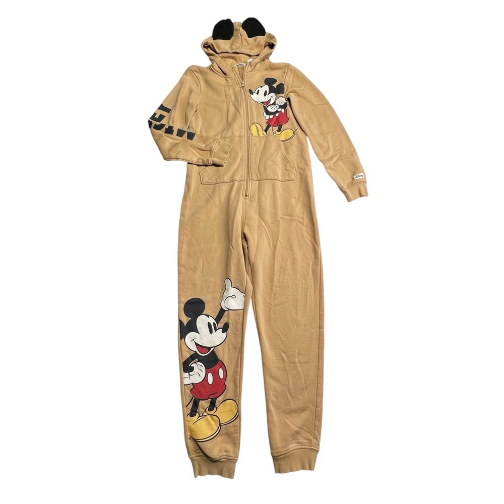 H&M Kids Mickey Mouse Tan Hooded One-Piece Pajama Jumpsuit